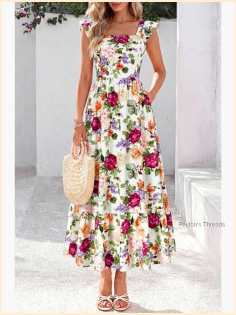 Ruffle Sleeve Square Neck Floral Boho Midi Dress Smocked Backless Tiered - Picture 4 of 7